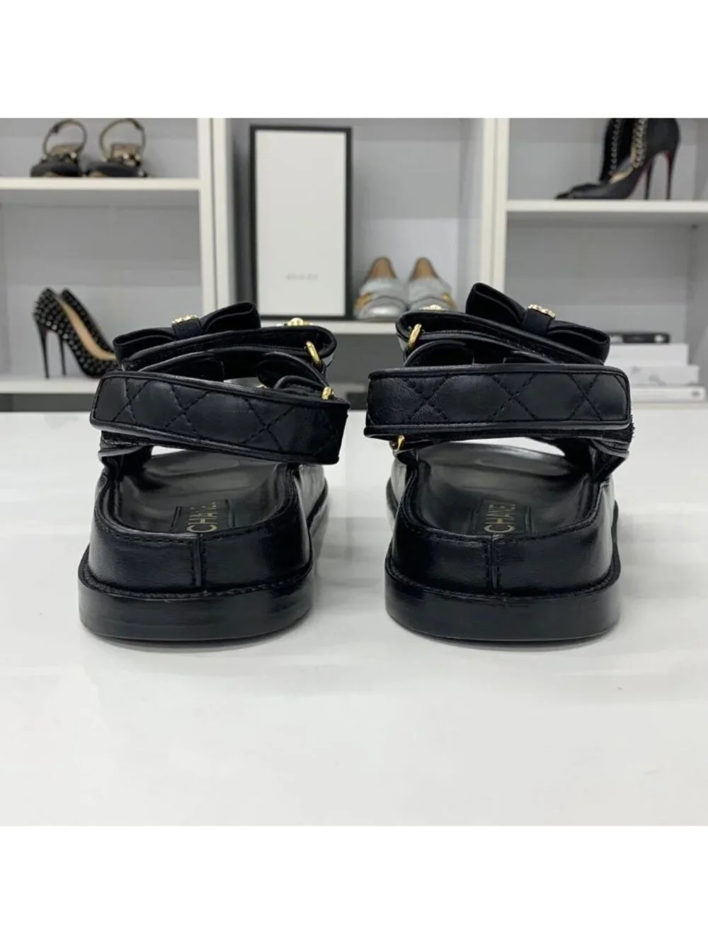 Chanel CC Logo Quilted Ribbon Leather Velcro Sandals